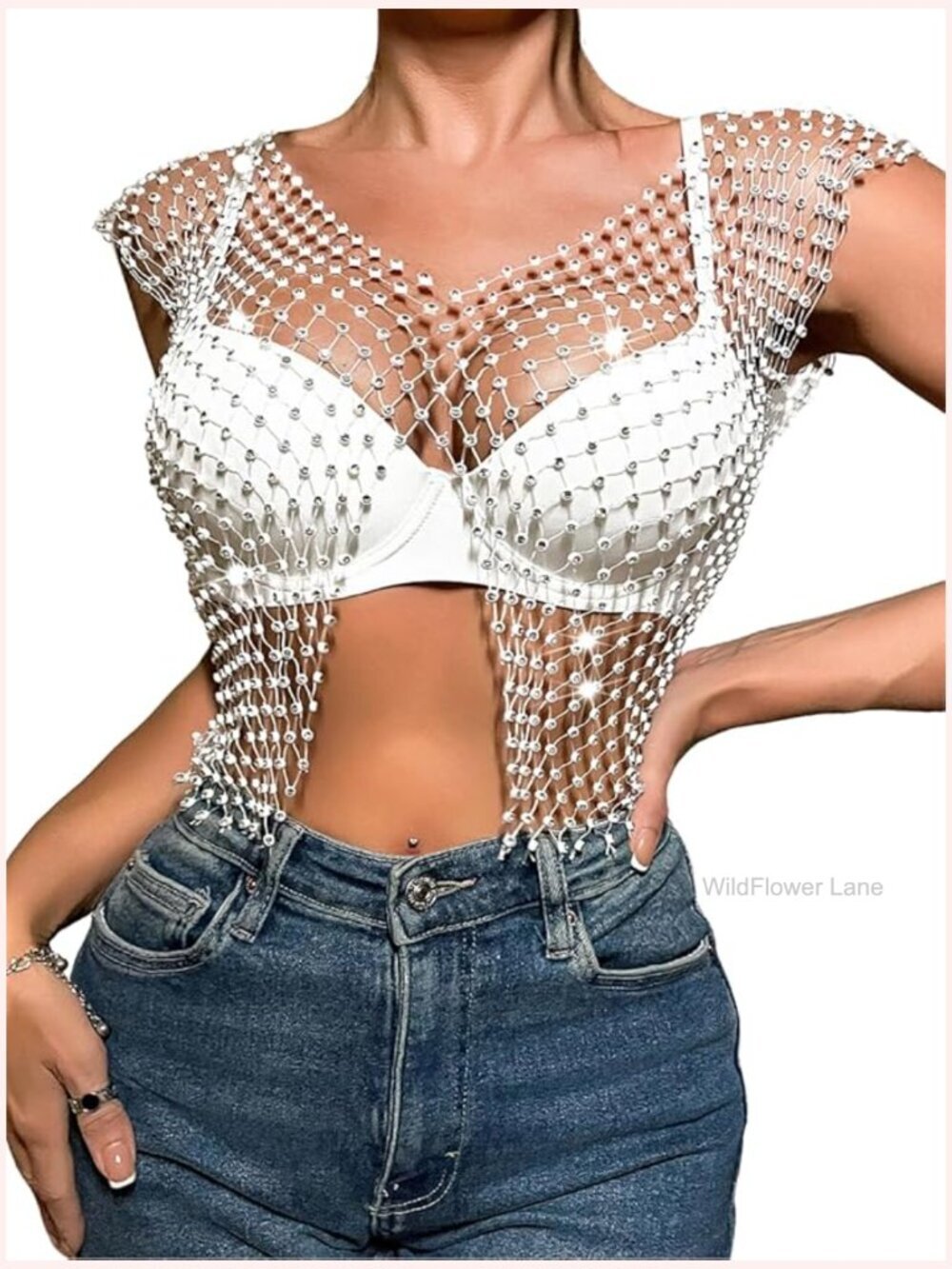 Sparkly Rhinestone Crop Top Sheer Mesh Tank Sexy Festival Rave Top